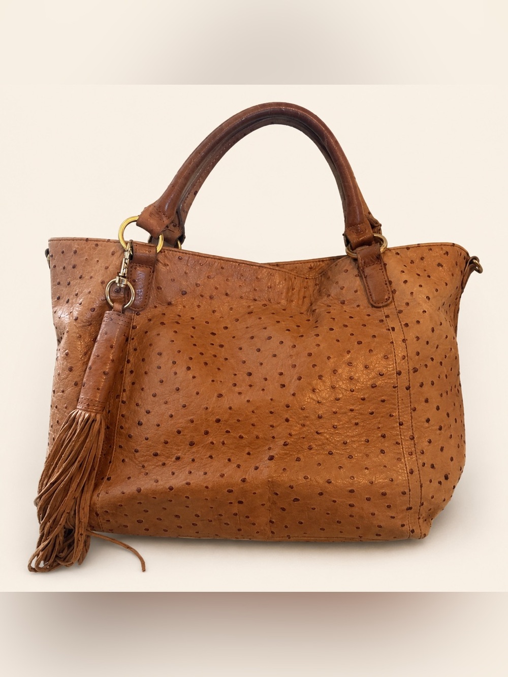 G.I.L.I. Tan Ostrich-Textured Leather Shoulder Bag with Tassel